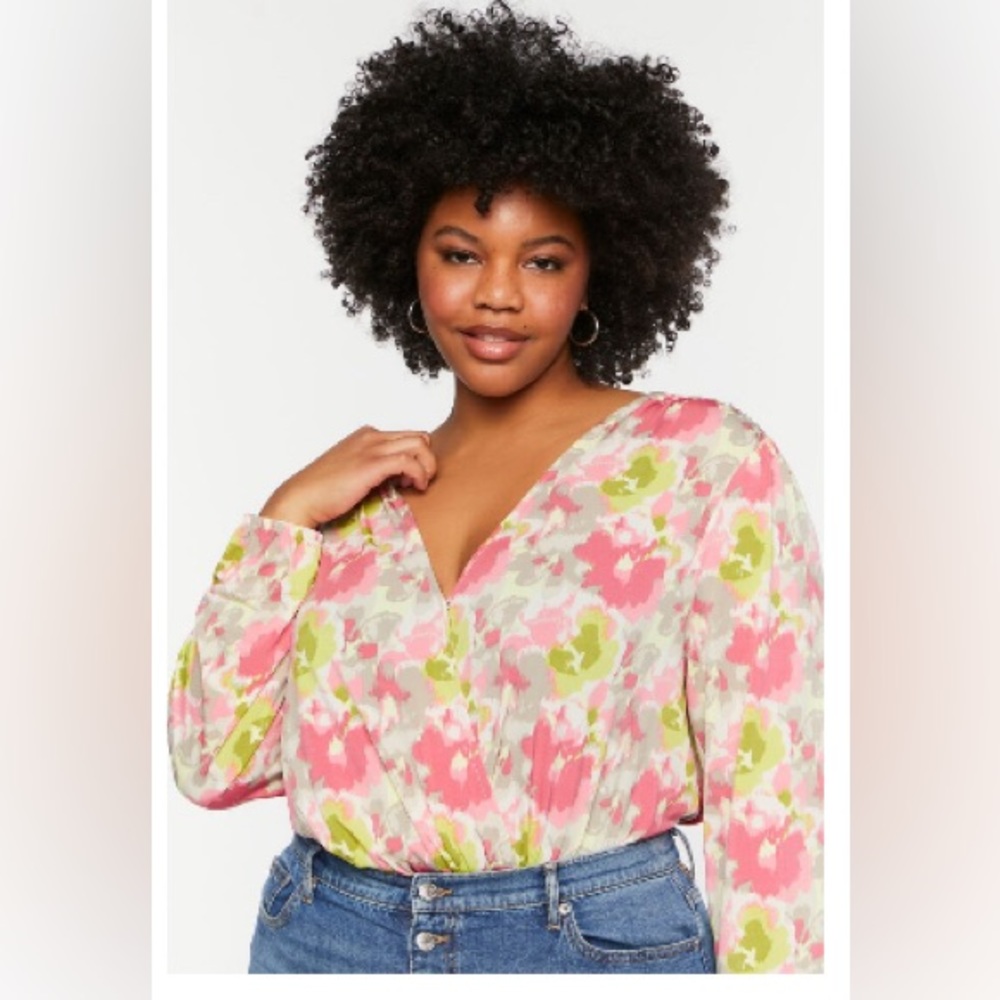 Plus Size Watercolor Floral Surplice Bodysuit, 1X